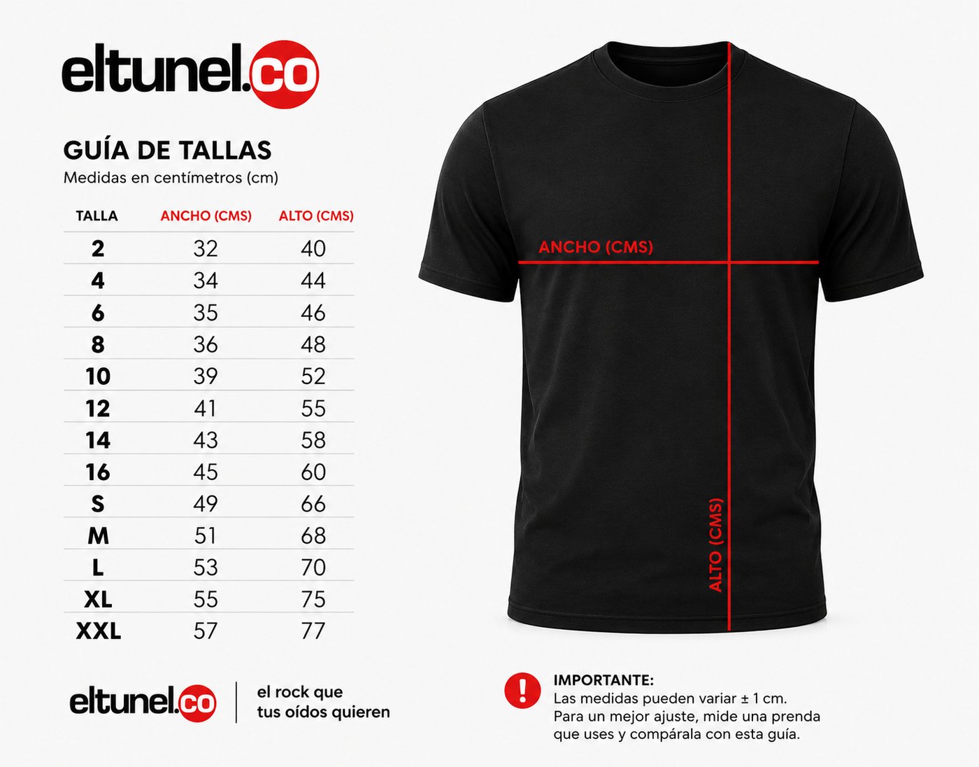 Guía de tallas eltunel.co — medidas en centímetros